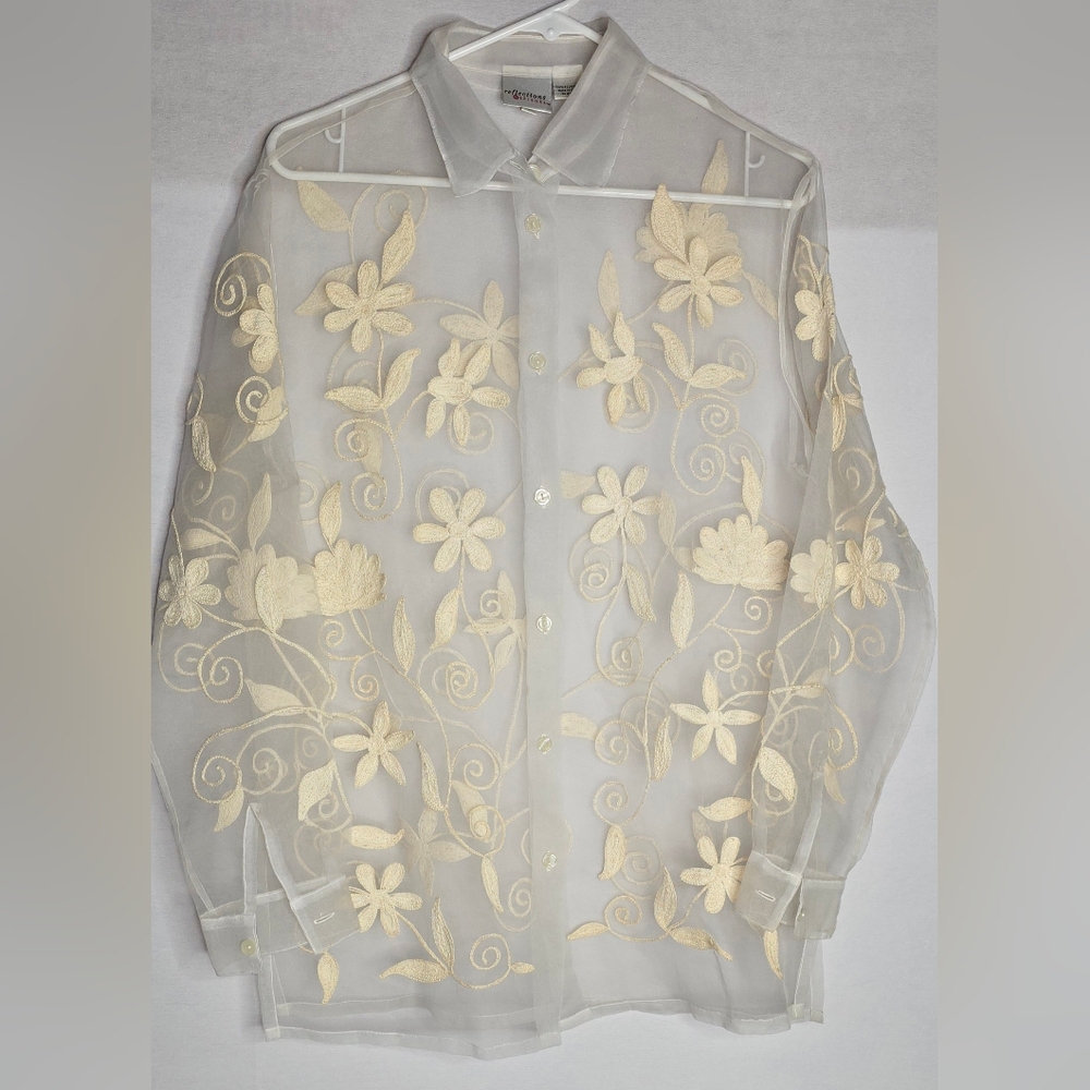 Reflections by Spiegel Cream Floral Sheer Blouse Button Down Shirt Top Size S